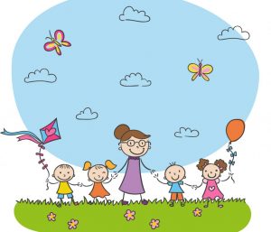 dibujo de mujer con varios niños para hablar de consejos elegir guardería