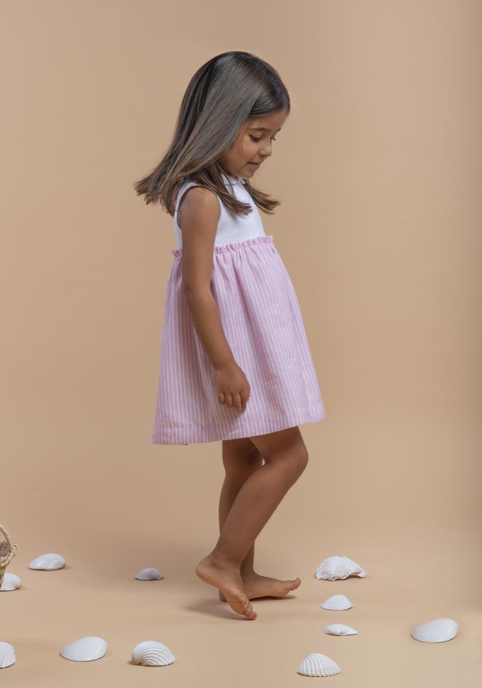 Vestido niña combinado de algodón blanco y falda rosa a rayas, tallas 3 a 10 años (Laranjinha, ).